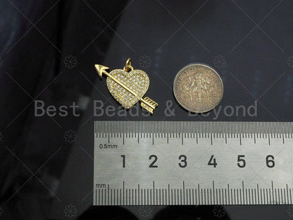 CZ Micro Pave Cupid Arrow On Heart Shape Pendant,Cubic Zirconia Dainty Gold Charm, Necklace Bracelet Charm Pendant,25x18mm, Sku#LK271