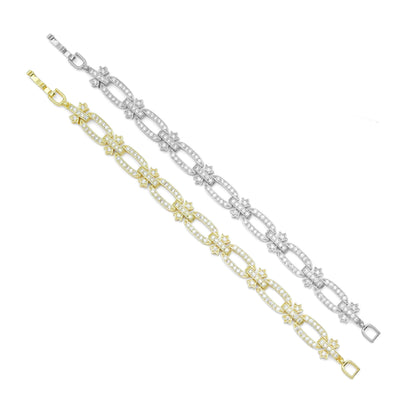 CZ Oval Flower Rectangle Link Gold Silver Bracelet, Sku#A347