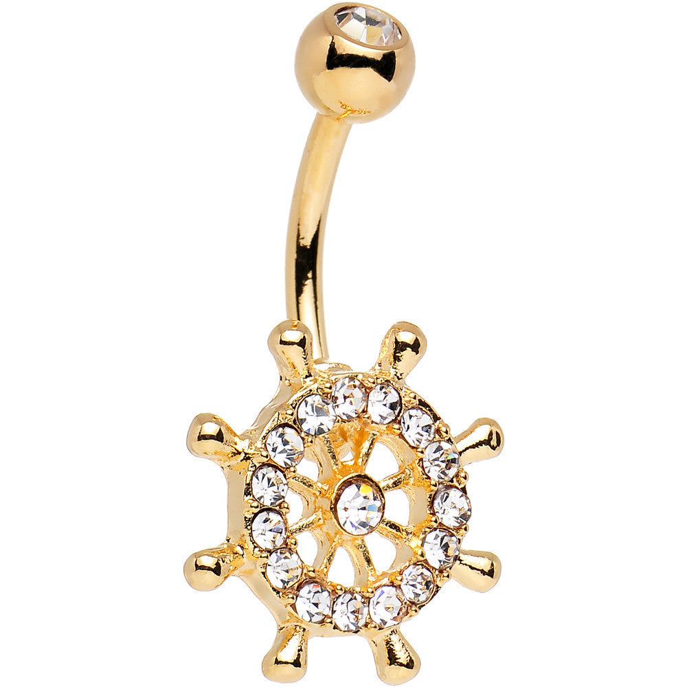 Clear Cubic Zirconia 14K Gold Plated Skippers Wheel Belly Ring