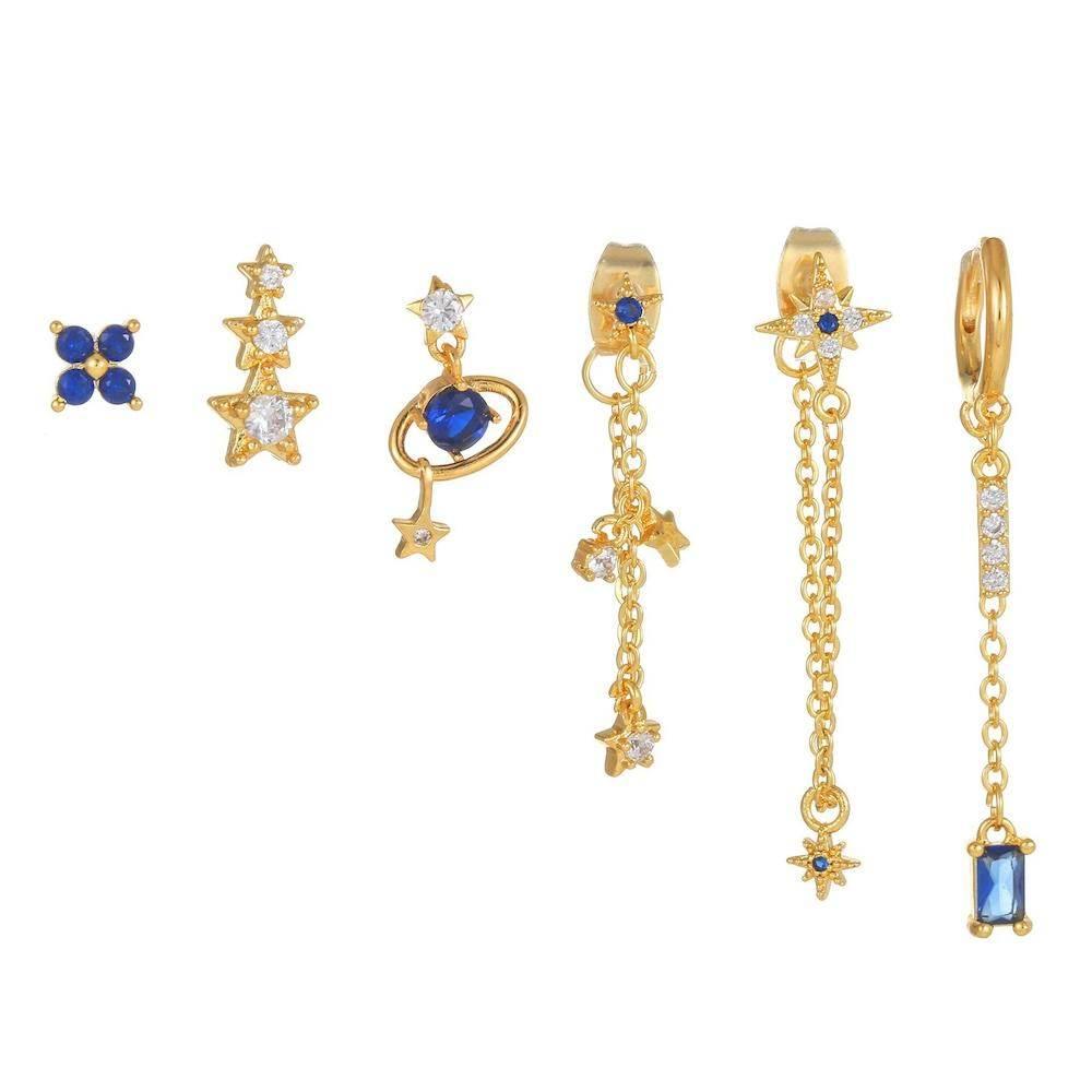 Multi Sets of Blue Flower Pierced Earrings, 4-6pcs, 18k Gold Plated Stud Drop Hoop Huggie Cuff Chain, S925 Needle