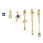 Multi Sets of Blue Flower Pierced Earrings, 4-6pcs, 18k Gold Plated Stud Drop Hoop Huggie Cuff Chain, S925 Needle