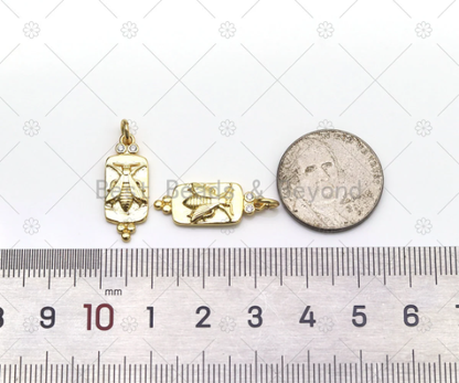 CZ Micro Pave Bee On Rectangle Shape Pendant, 18K Gold Filled Insect Charm, Necklace Bracelet Charm Pendant,Sku#LK521
