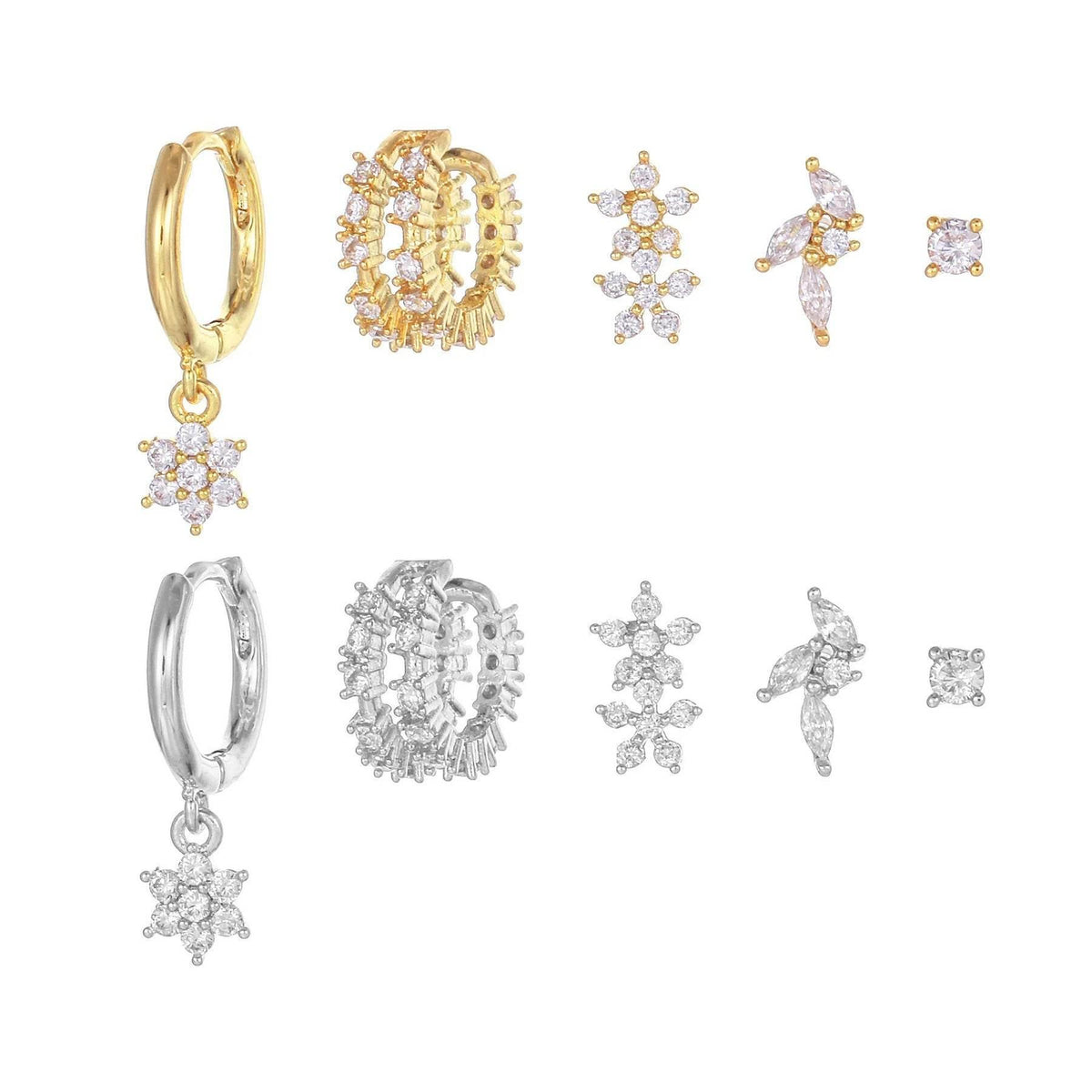 Stacking 5 Pieces Floral & Geometric Zirconia Earring Set, 18k Gold Plated Studs, Drops & Hoops, S925 Needle
