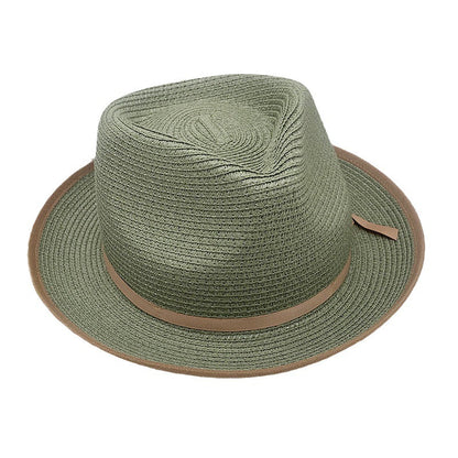 Olive Green Rolled-brim Straw Hat With Bow For Sun Protection Artistic Style For Men And Women