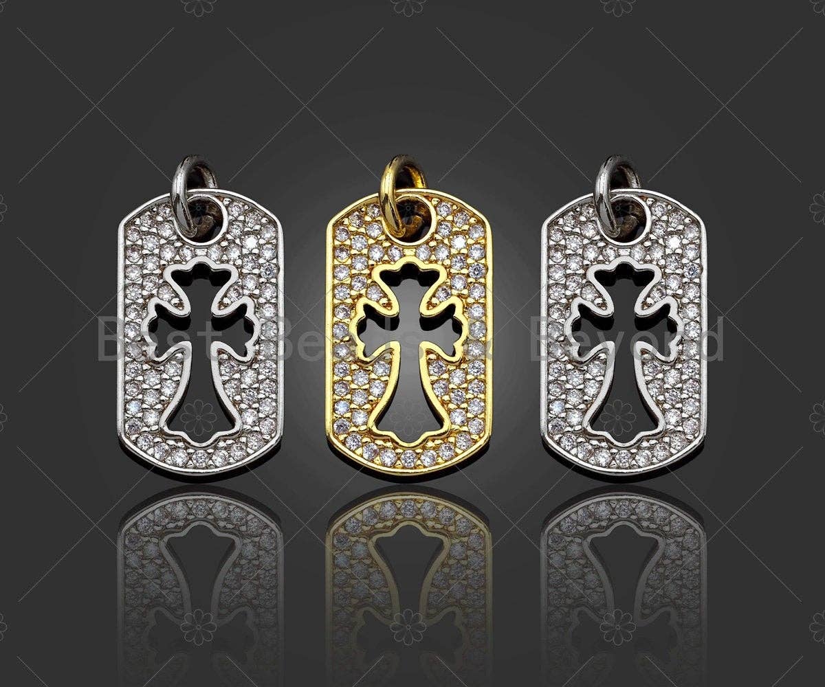 CZ Micro Pave Hollow Out Cross On Rectangle Shape Pendant/Charm,Dainty Medallion Charm, Necklace Bracelet Charm Pendant,10x17mm, Sku#L514