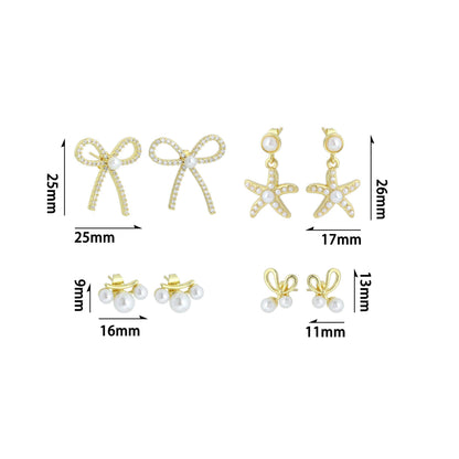 White Pearl Gold Bowknot Star Fish Stud Earring,Sku#LD747