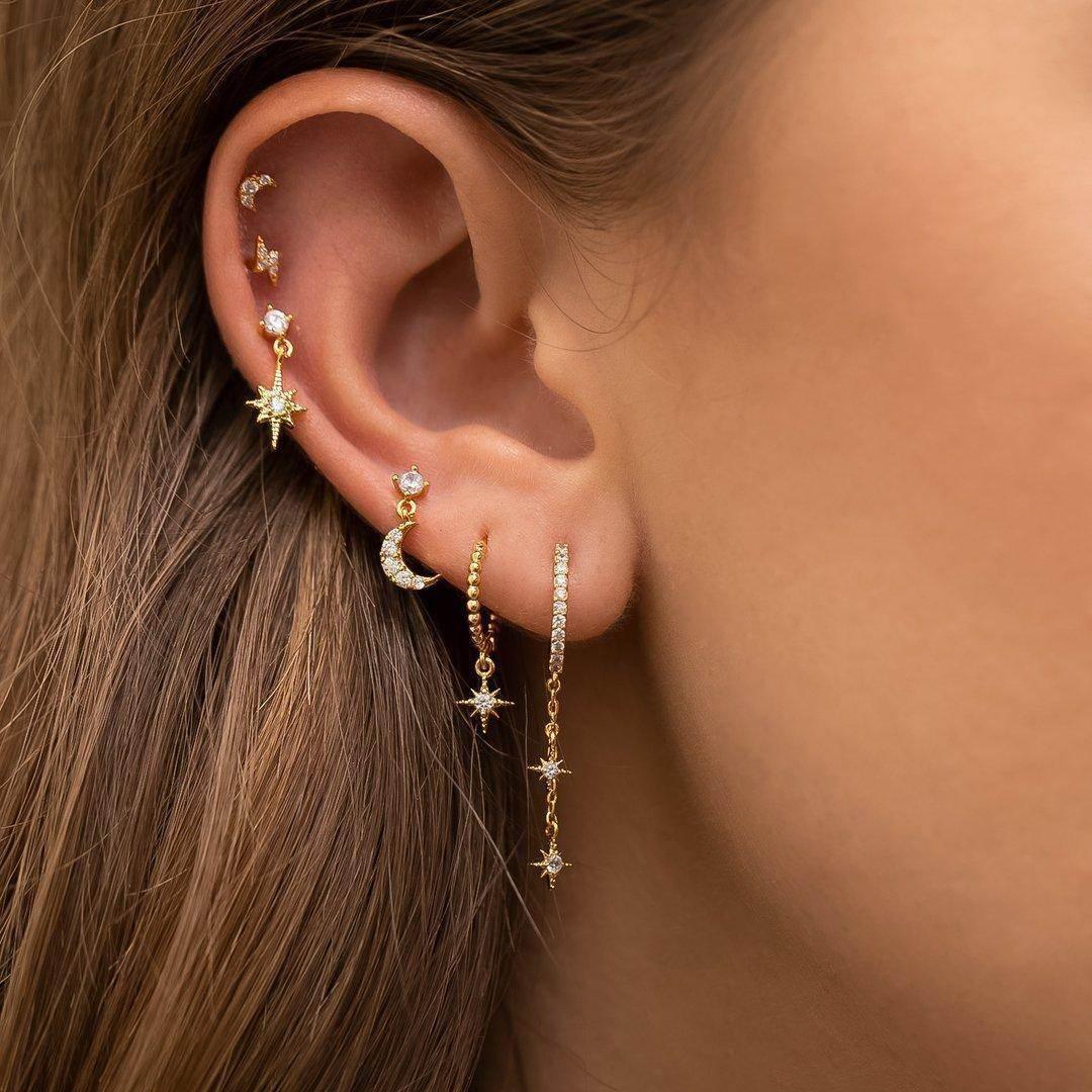 Stacking 6 Pieces Geometric Prism Drops Earring Set, 18k Gold Hoop with Drops, S925 Needle, Stacked Lobe Designs with Dazzling Zirconia