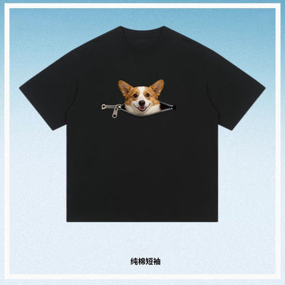 Plus-size Cotton Zip-up Dog-print Casual Summer Couple T-shirts