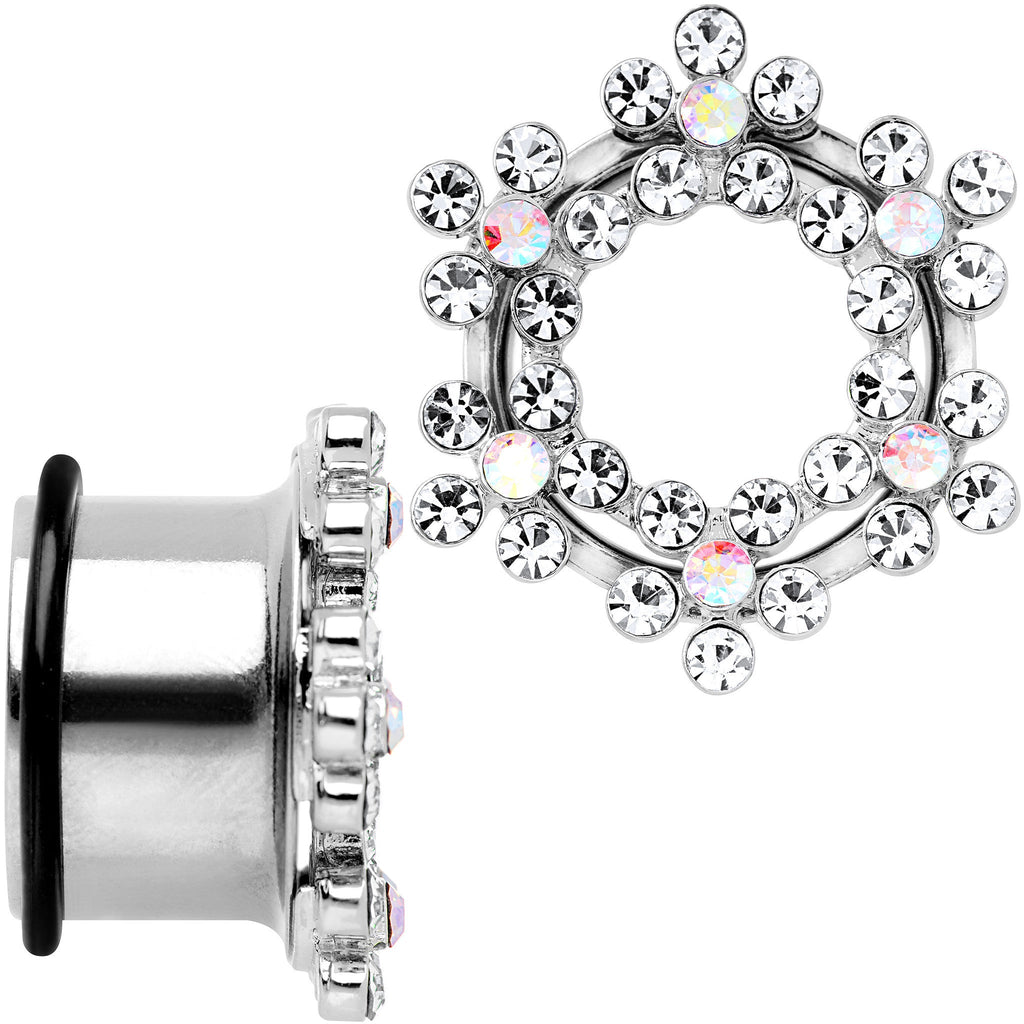 18mm Clear and Aurora Gem Snowflake Steel Tunnel Plug Set