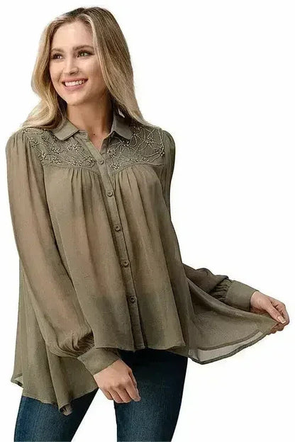 Embroidered Sheer Blouse - Beaded Jewel Trim Button-Up Top | Femstylo
