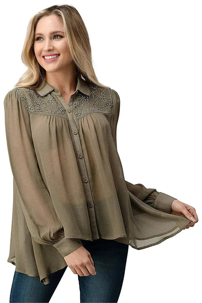 Embroidered Sheer Blouse - Beaded Jewel Trim Button-Up Top | Femstylo