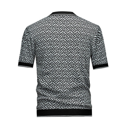 Men's Short Sleeve Knit Polo Shirt, Geometric Interwoven Pattern, Smart Casual, Black & Grey
