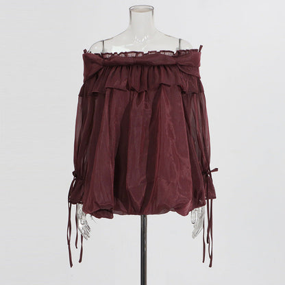 Retro Off-the-Shoulder Strap Bell-Sleeve Solid Color Chiffon Top