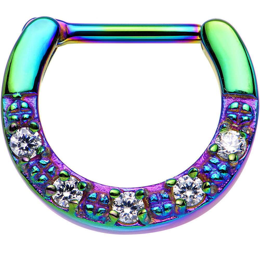 16G 5/16 Clear CZ Rainbow IP Paved Crescent Septum Clicker