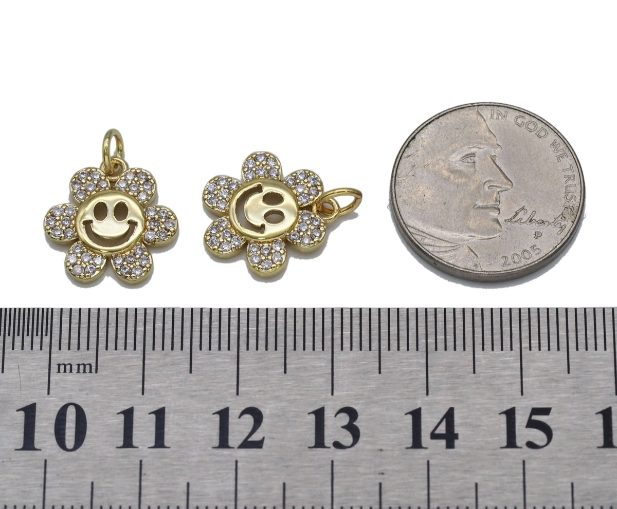 Gold CZ Smiley Face Flower Charm, Sku#L711