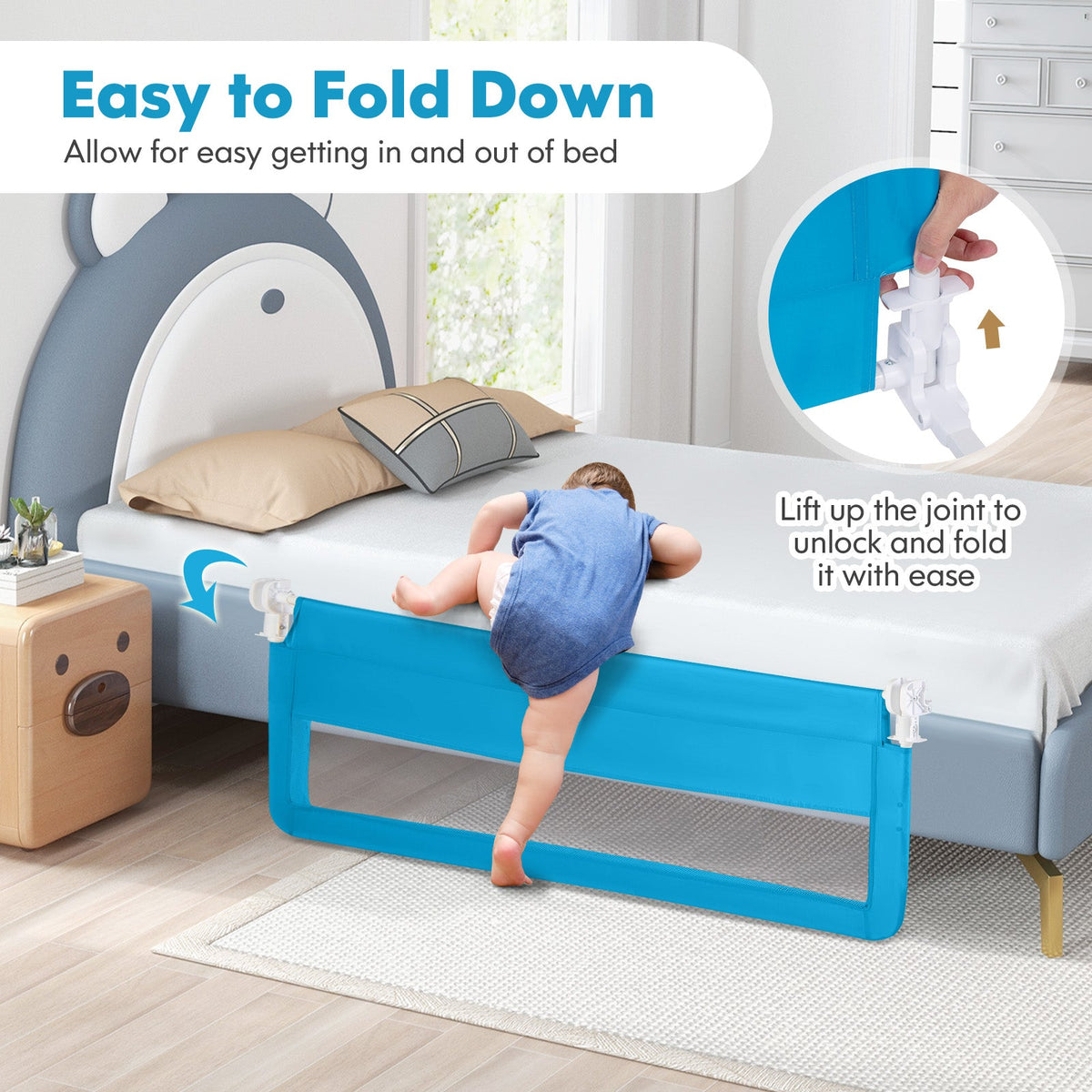 59 Inch Folding Breathable Baby Bed Rail Guard with Safety Strap-Blue
