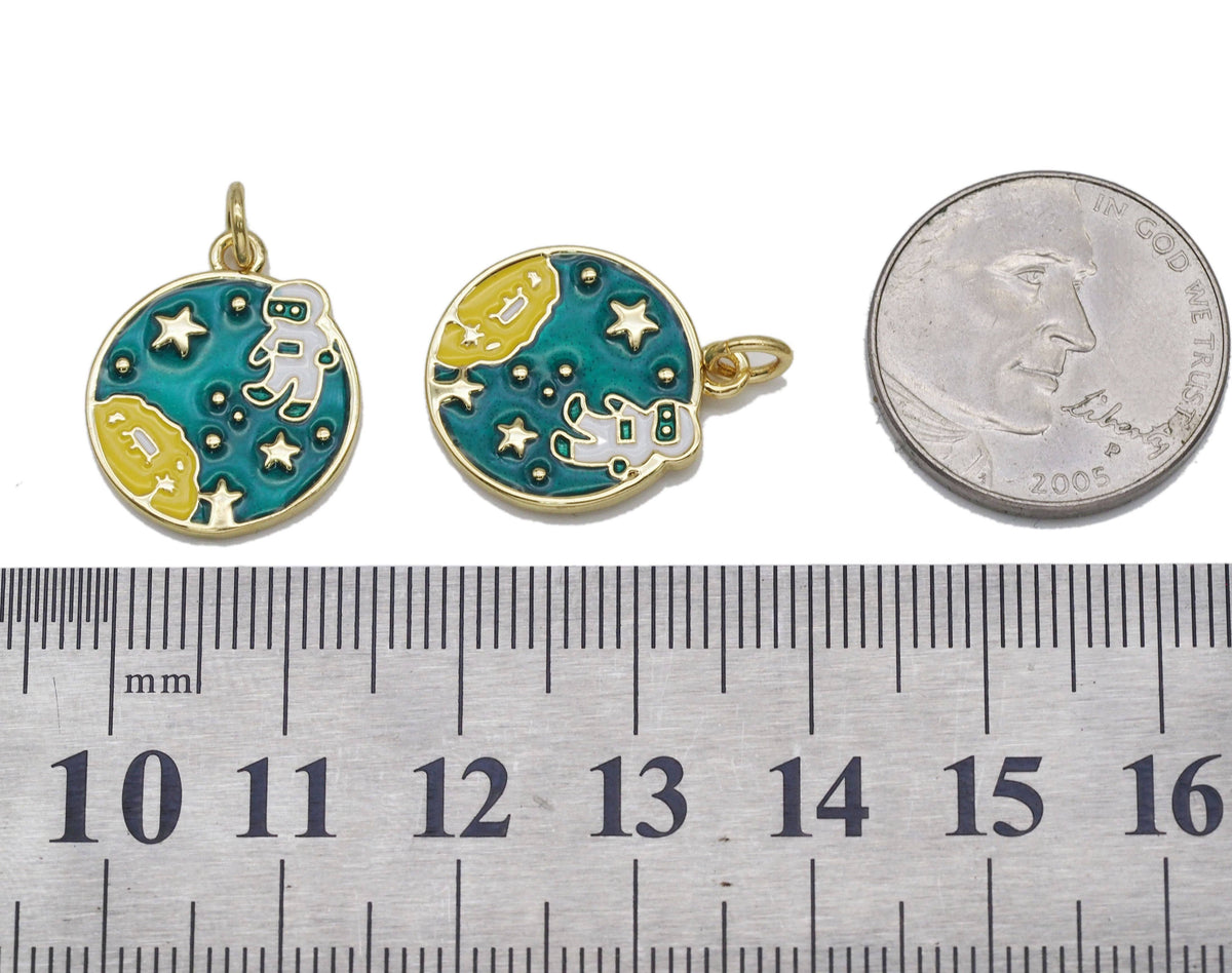 Gold Enamel Astronaut On Round Sky Charm, Sku#LD317