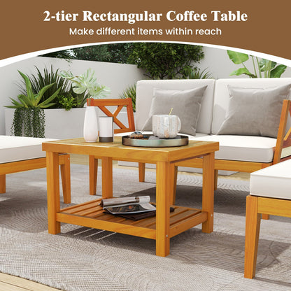 5 Pieces Acacia Wood Patio Chaise Lounge Chair Set with Ottoman and Cushions-White