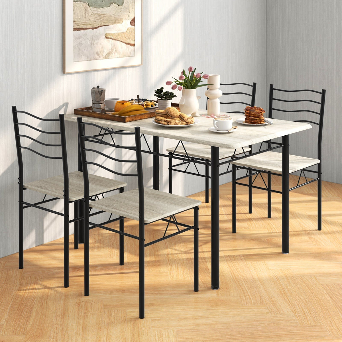 5 Pieces Wood Metal Dining Table Set with 4 Chairs