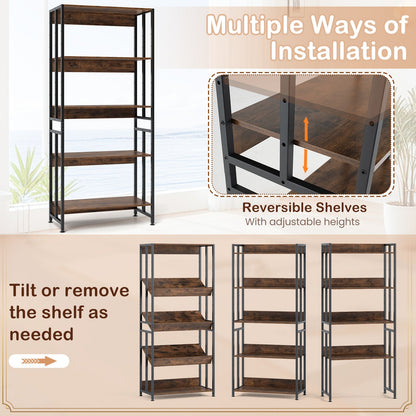 5-Tier Bookshelf with Adjustable and Tiltable Shelves