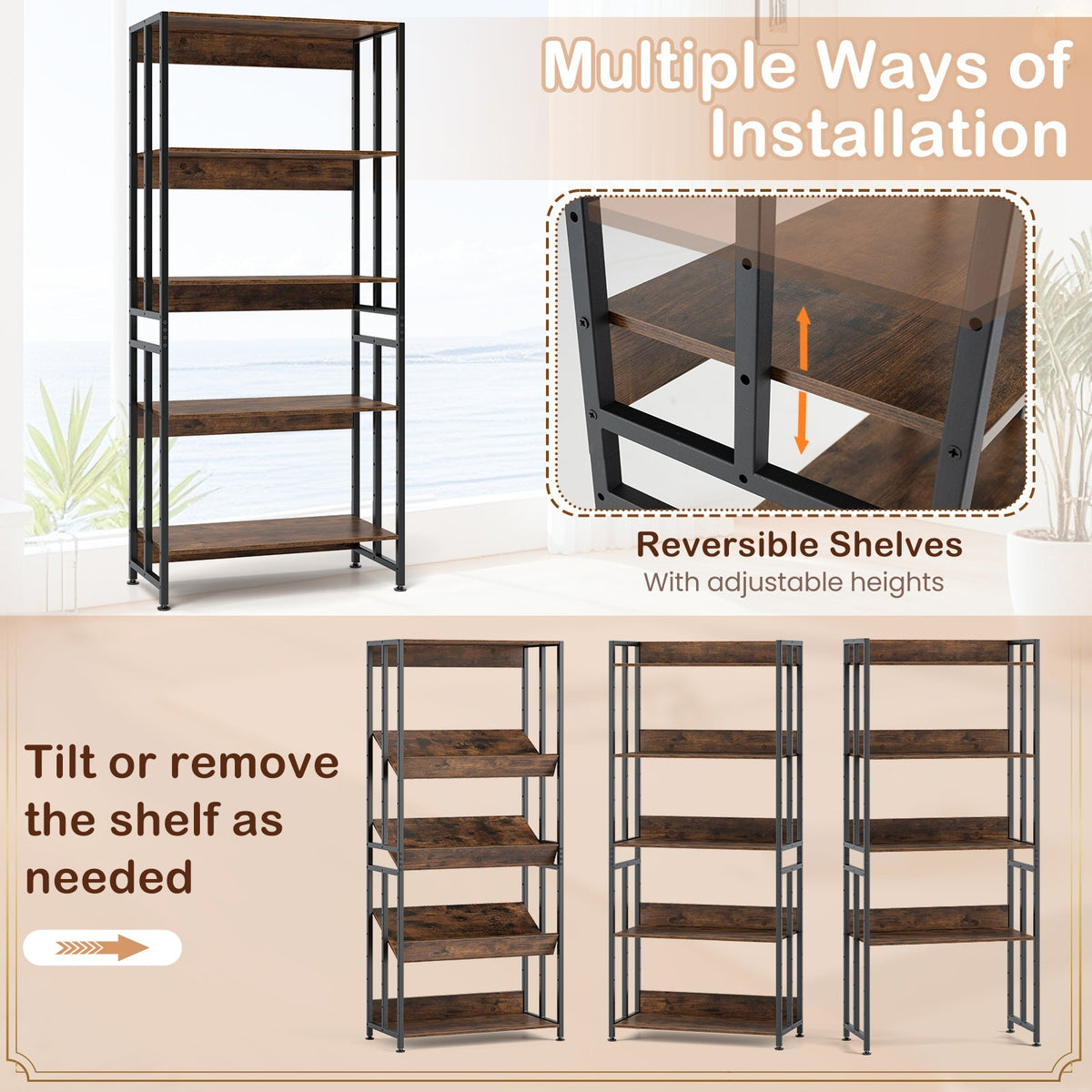 5-Tier Bookshelf with Adjustable and Tiltable Shelves