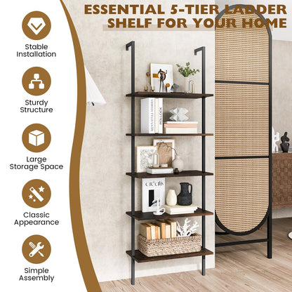 5 Tier Ladder Shelf Wall-Mounted Bookcase with Steel Frame-Brown