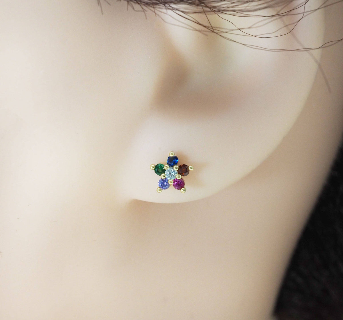 Mini Colorful CZ Gold Flower Stud Earrings, Sku#LD359