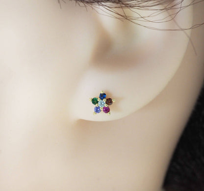 Mini Colorful CZ Gold Flower Stud Earrings, Sku#LD359