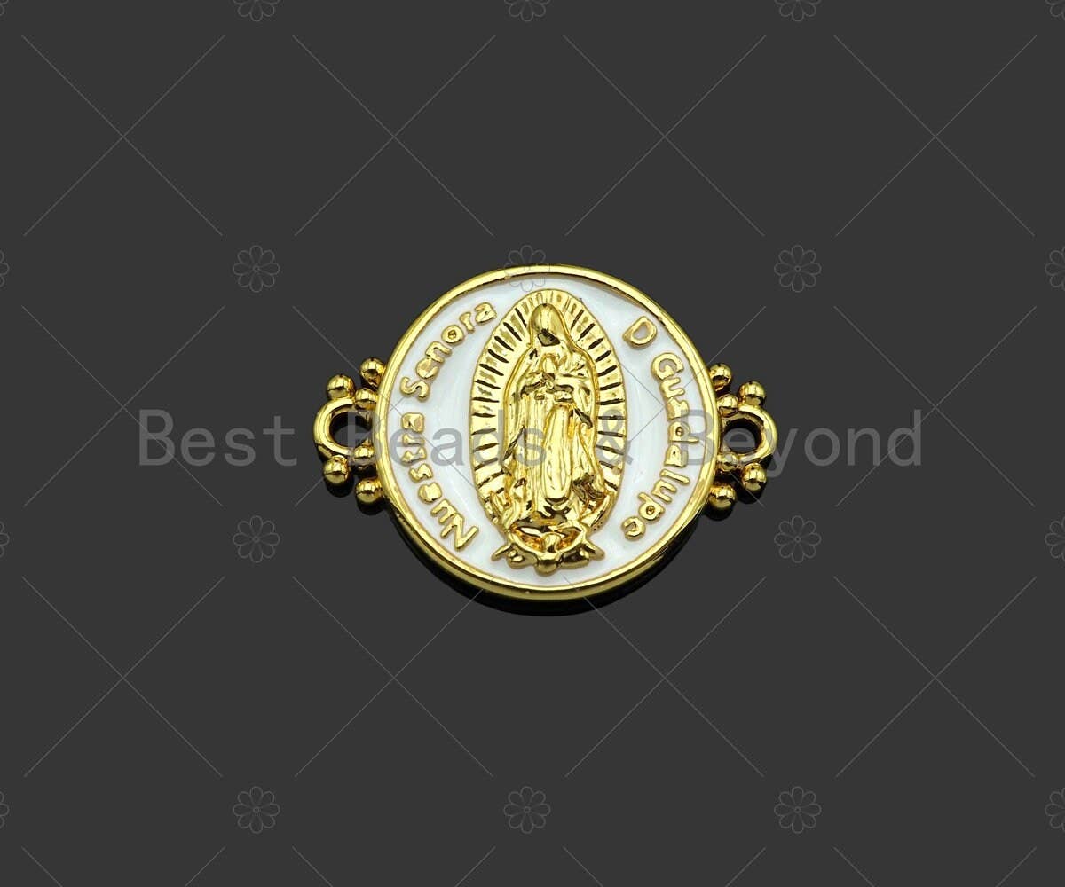 Gold Filled White Enamel Virgin Mary On Round Coin Shape Connector, 18K Gold Filled Enamel Link, Enamel Jewelry, 22x17mm,Sku#LD108