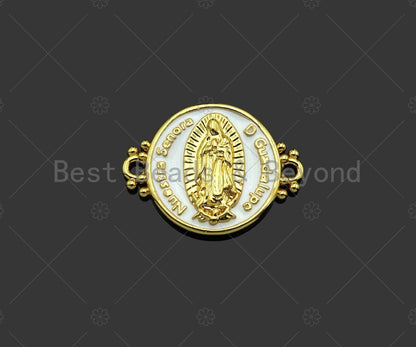 Gold Filled White Enamel Virgin Mary On Round Coin Shape Connector, 18K Gold Filled Enamel Link, Enamel Jewelry, 22x17mm,Sku#LD108