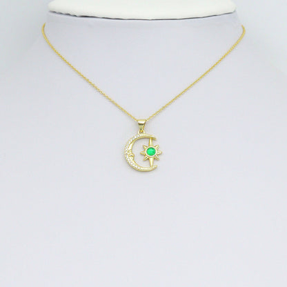 Green CZ Gold Cresent Moon North Star Charm Pendant, Sku#LK1085