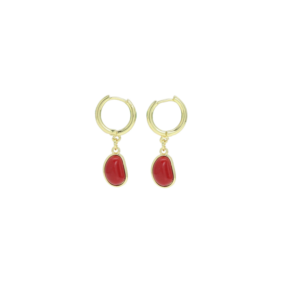 Gold Red Bean Pendant Hoop Earrings, Sku#A366