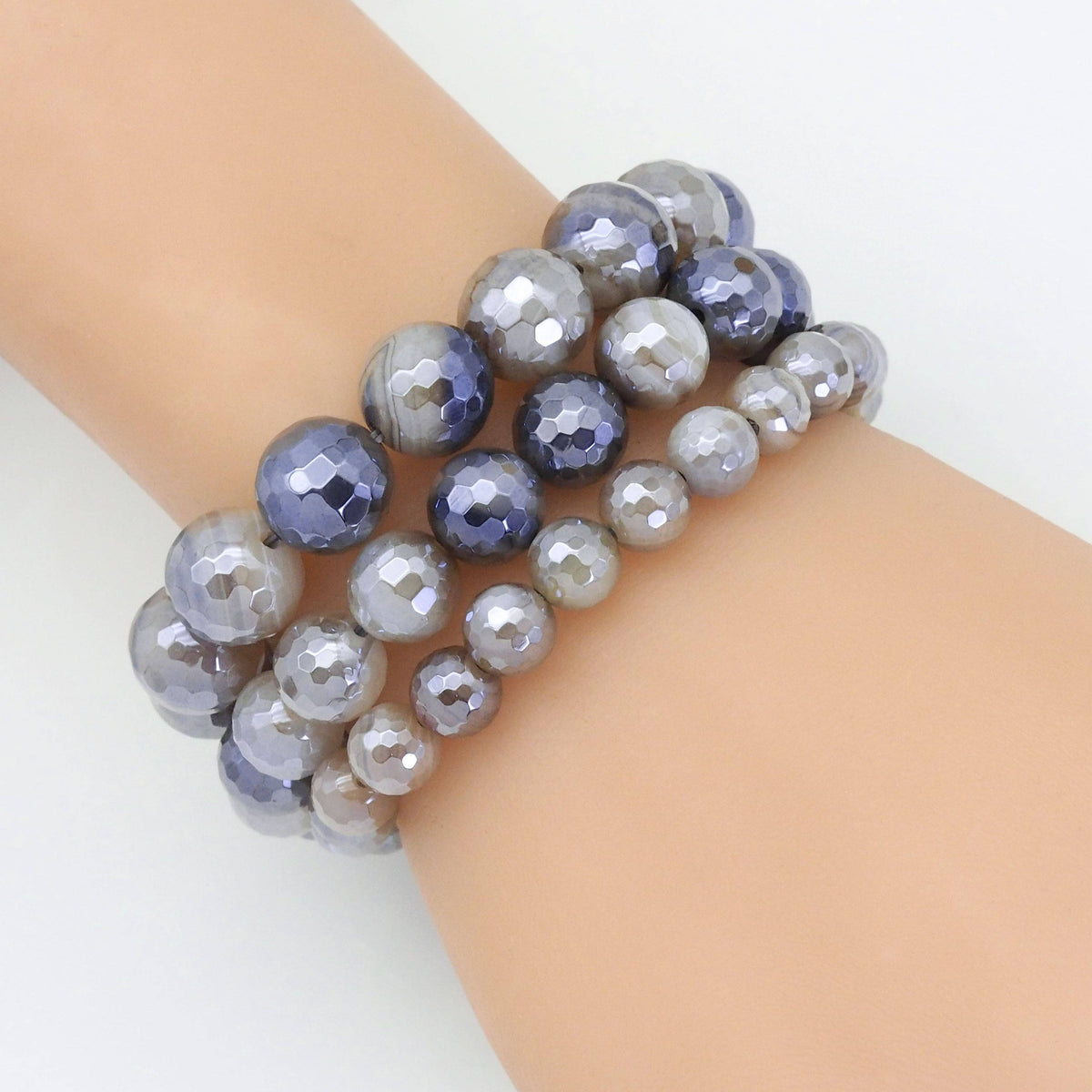Mystic Gray Banded Agate Stretchy Bracelet, 8mm/10mm/12mm, SKU#EF400