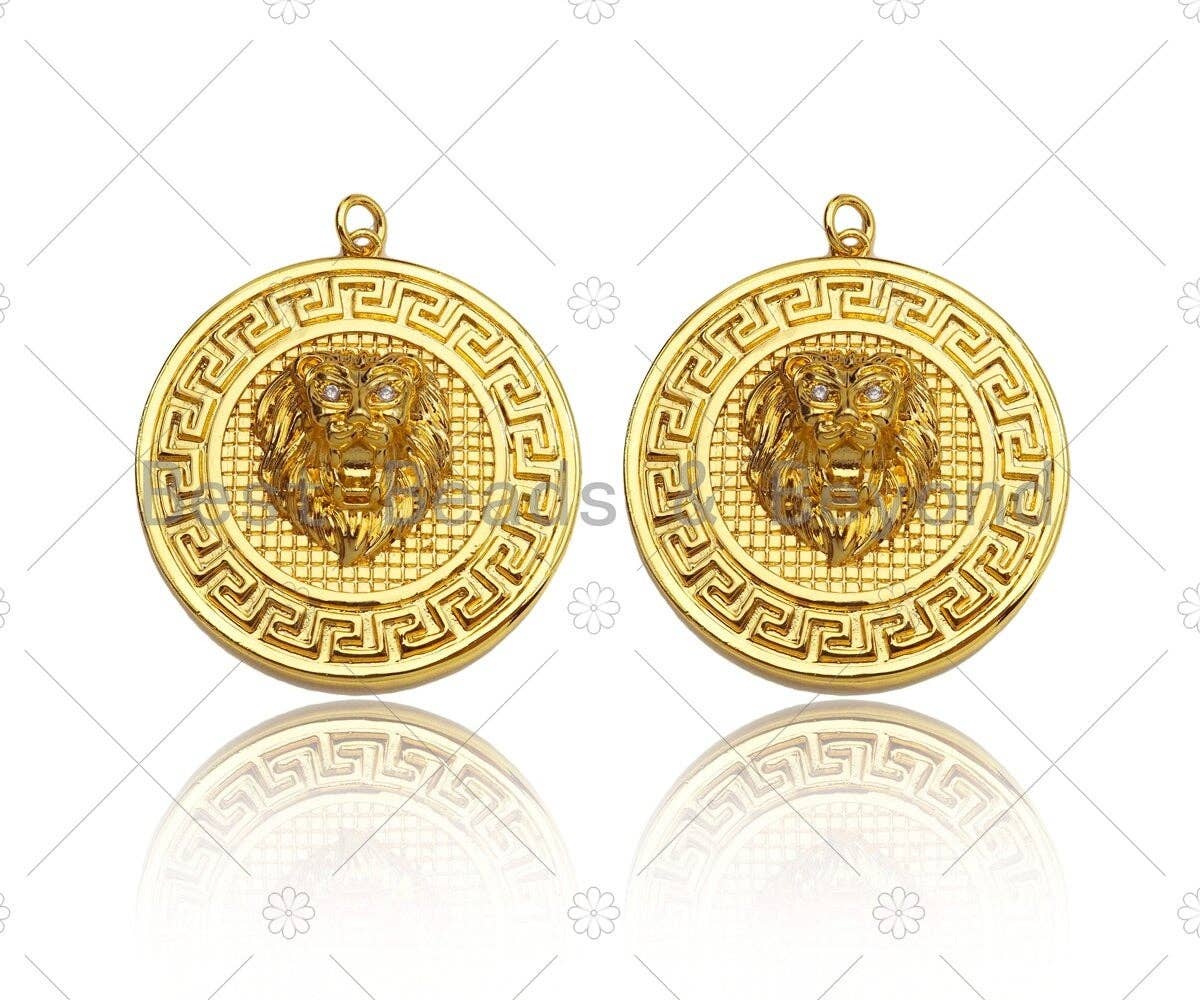 Gold Silver Embossment Lion Head Charm, Medallion Charms, Silver/Gold Lion Head Pendant,Lion Necklace Charms, 35x38mm, Sku#L453