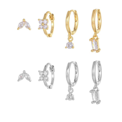 Stacking 4 Pieces Geometric Zircon Stud Earring Set, 18k Gold Plated Ear Studs and Drops, Trendy Sweet Cool Earrings, S925 Needle