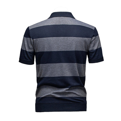 Men's Navy & Grey Horizontal Striped Knit Polo Shirt, Short Sleeve Casual Top