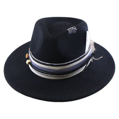 Wool Felt With Feathers Fallwinter Flat-brim Jazz Hat