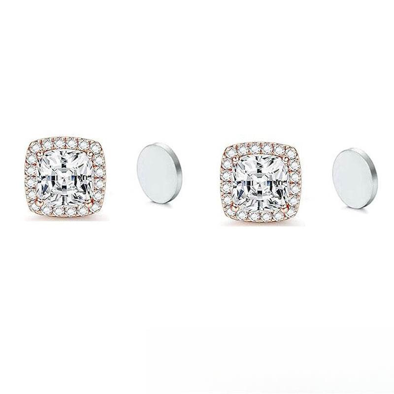 Magnetic CZ Square Halo Stud Earrings for Men Women, Non-Piercing Clip On Studs, Square Cubic Zirconia Stainless Steel