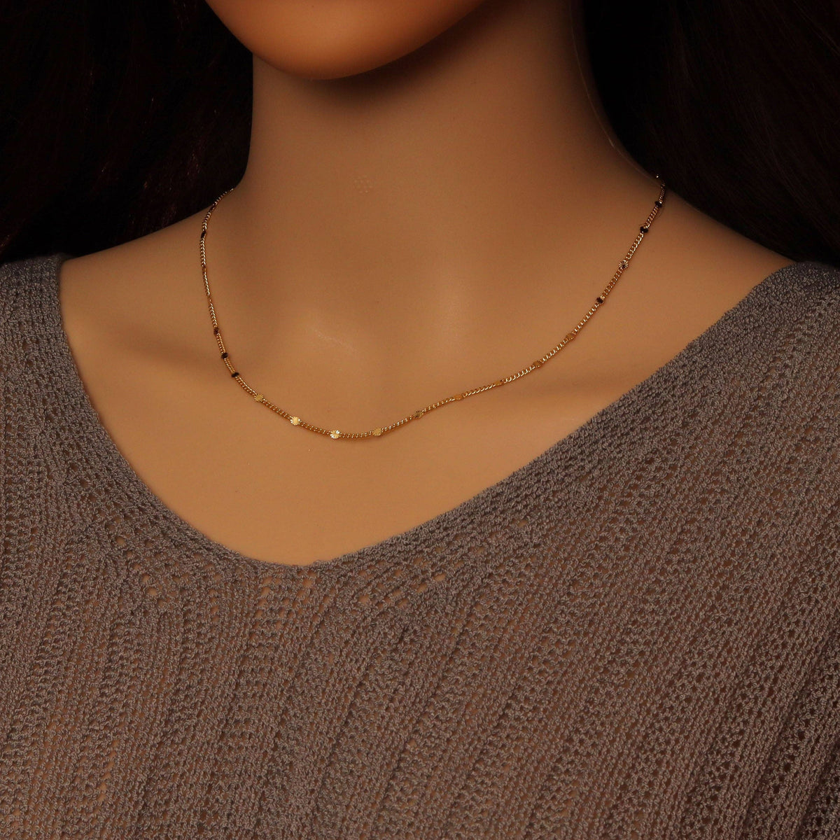 Gold Dainty Flower Link Chain  Necklace, Sku#LD606