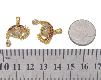 Gold Fuchsia CZ Evil Eye With Tear drop Charm, Sku#LD331