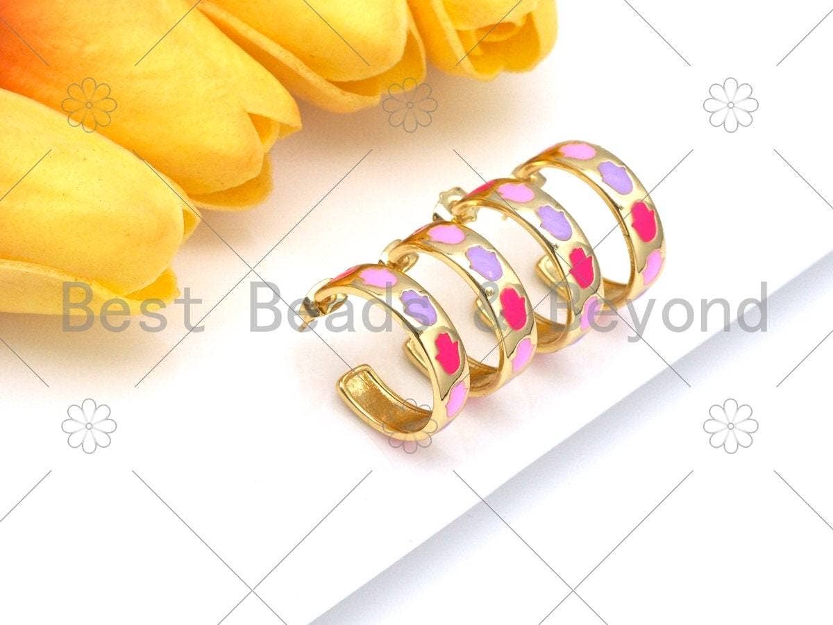 Enamel Hamsa Hand On Round Ring Shape Earrings, Sku#LD154