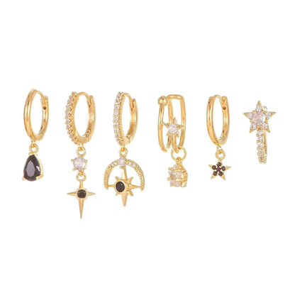 Multi Sets of Blue Flower Pierced Earrings, 4-6pcs, 18k Gold Plated Stud Drop Hoop Huggie Cuff Chain, S925 Needle