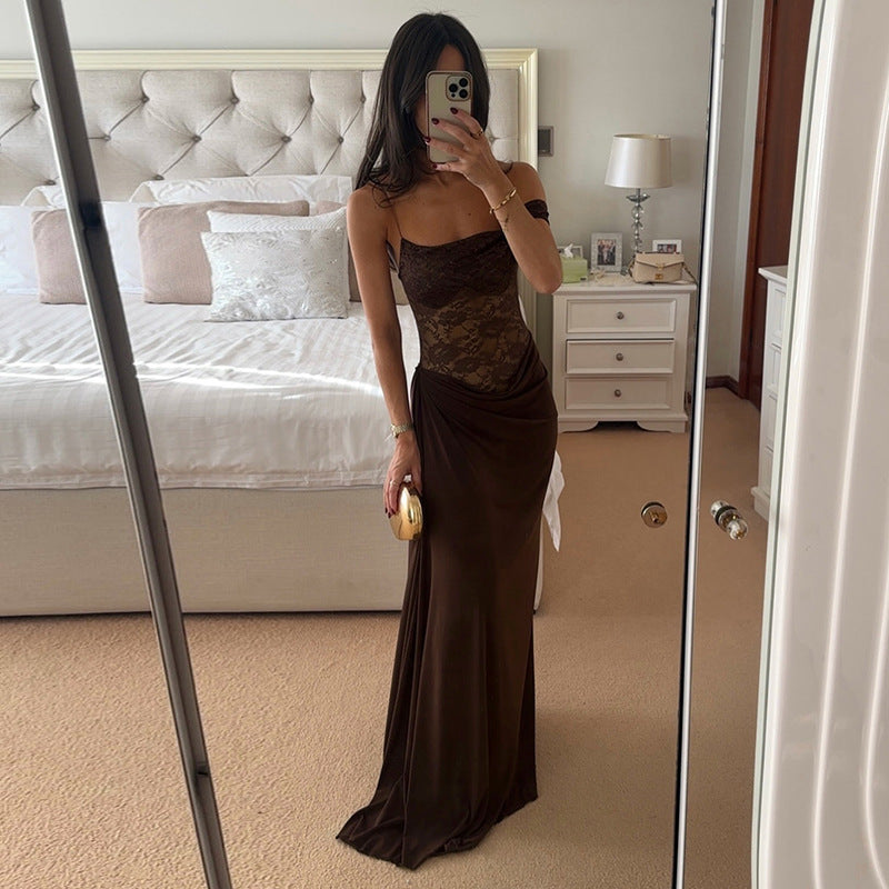 Sheer Lace Elegant Maxi Dress Women Sleeveless Backless Chic Evening Dress Off Shoulder Fashion Midi Dresses Slim Summer Dresses