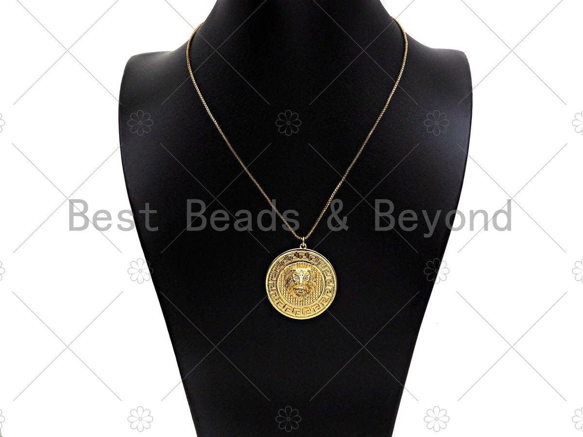 Gold Silver Embossment Lion Head Charm, Medallion Charms, Silver/Gold Lion Head Pendant,Lion Necklace Charms, 35x38mm, Sku#L453
