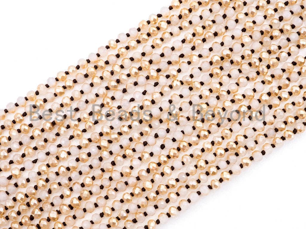 60 EXTRA Long Hand Knotted  Neutral Color Crystal Necklace, Double Wrap Necklace, Gold Beige Color 2x4mm Rondelle Crystal Beads, SKU#D20
