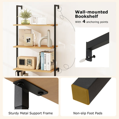 72.5 Inch 6-Tier Wall Mounted Ladder Bookshelf with Rattan Cabinet-Natural