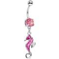 Pink Faux Opal See You Later Seahorse Dangle Belly Ring