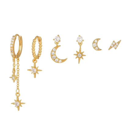 Multi Sets of Chic Star&Moon Earrings, 3-6pcs, 18k Gold Plated Stud Drop Hoop Huggie Cuff Chain, S925 Needle