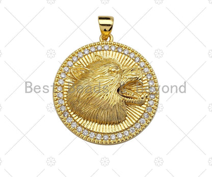18K Gold Embossment Wolf Head On Round Coin Shape Pendant, Round Charm, Animal Pave Pendant, Gold plated, 25mm, Sku#LK60