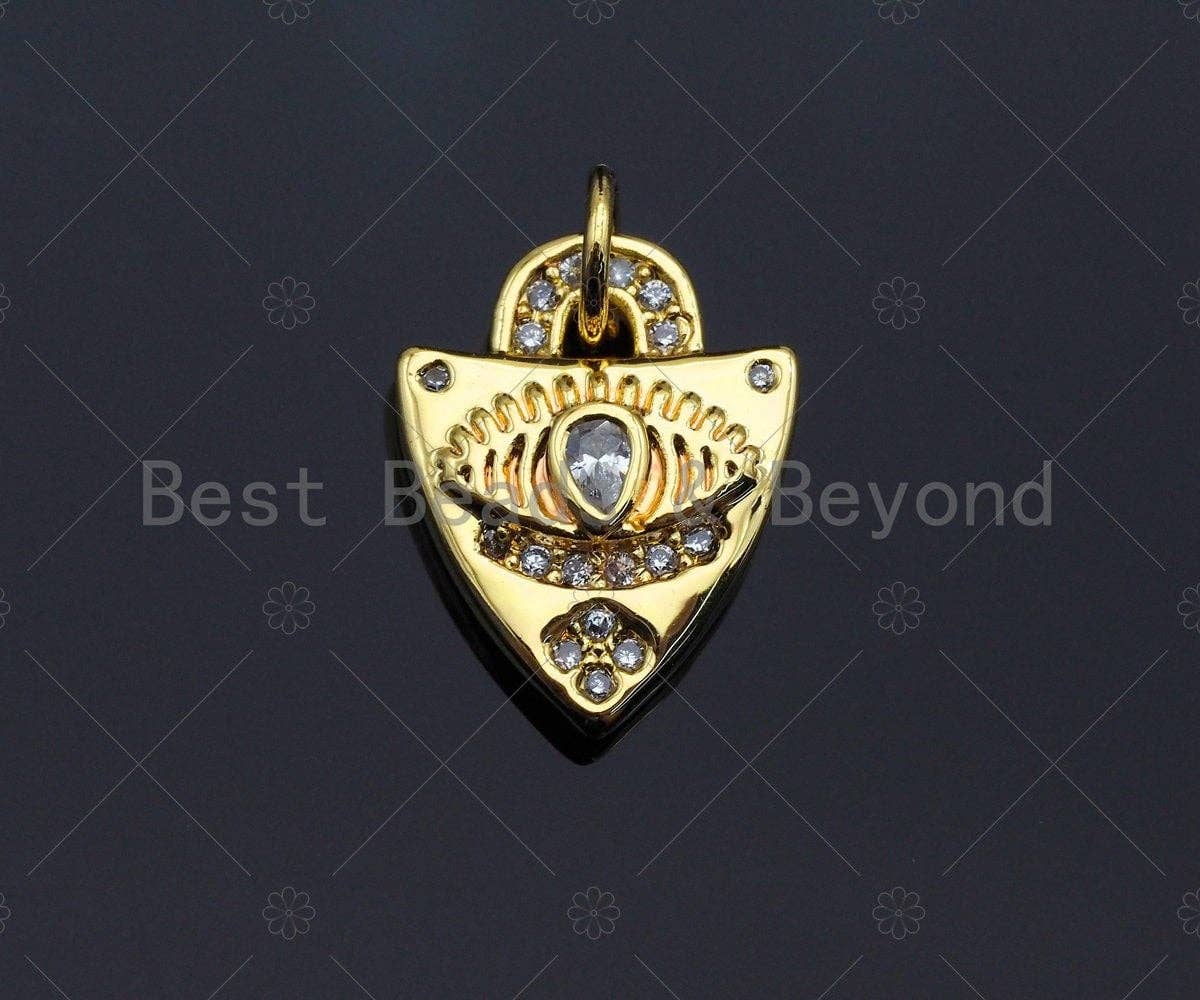 Dainty CZ Micro Pave Evil Eye On Shield Shape Charm/Pendant, Heart Shape Charm, Gold Lock Pendant, Gold plated charm, 13x11mm, Sku#JL11